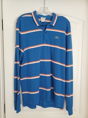 Lacoste Blue Long-Sleeve Stripe Polo with Orange & White Accents Y2K Mens Large